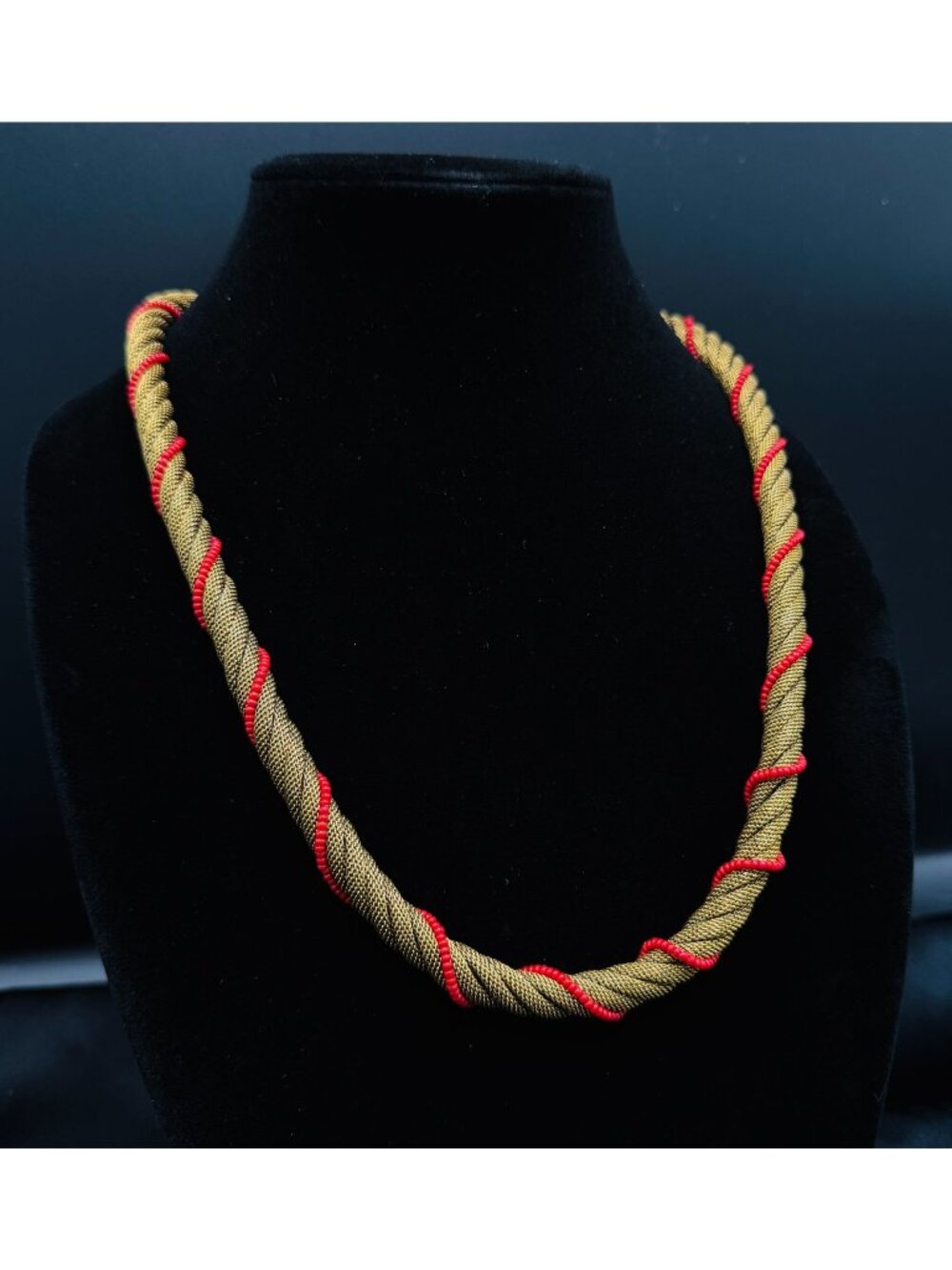 Vintage 1990s Anne Klein for Accessocraft Gold-Tone & Red Beaded Rope Necklace